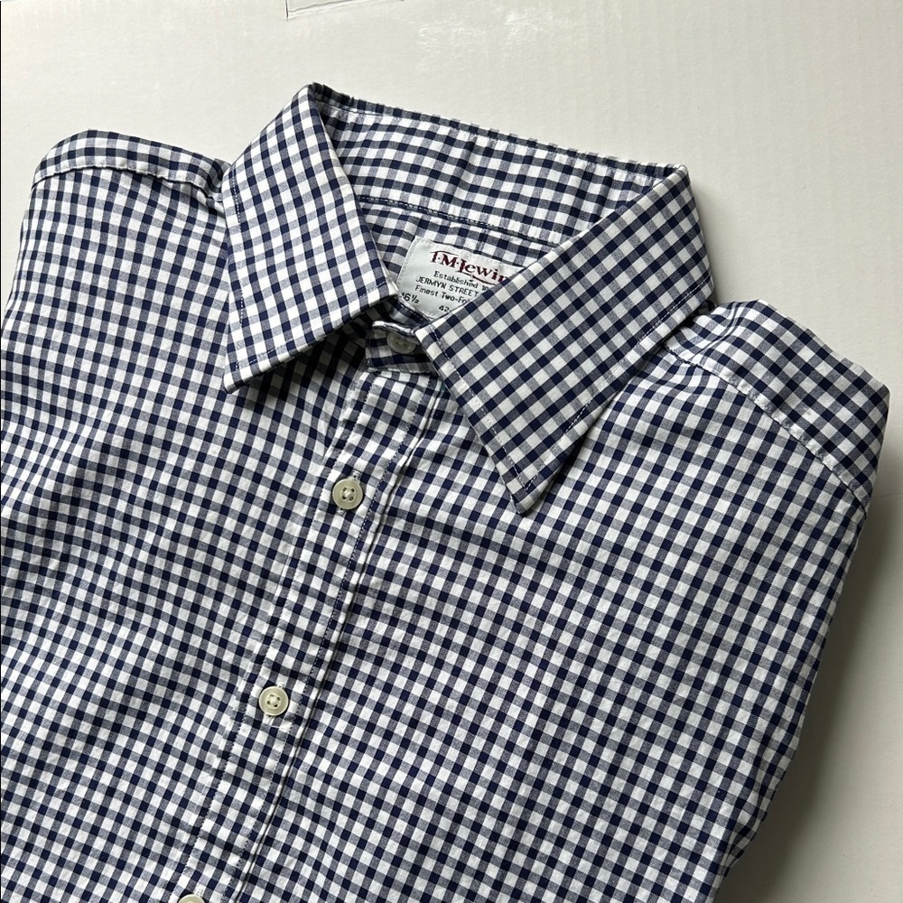TM Lewin 16.5” Navy and White Gingham Check Long Sleeve Slim Fit Men’s Shirt